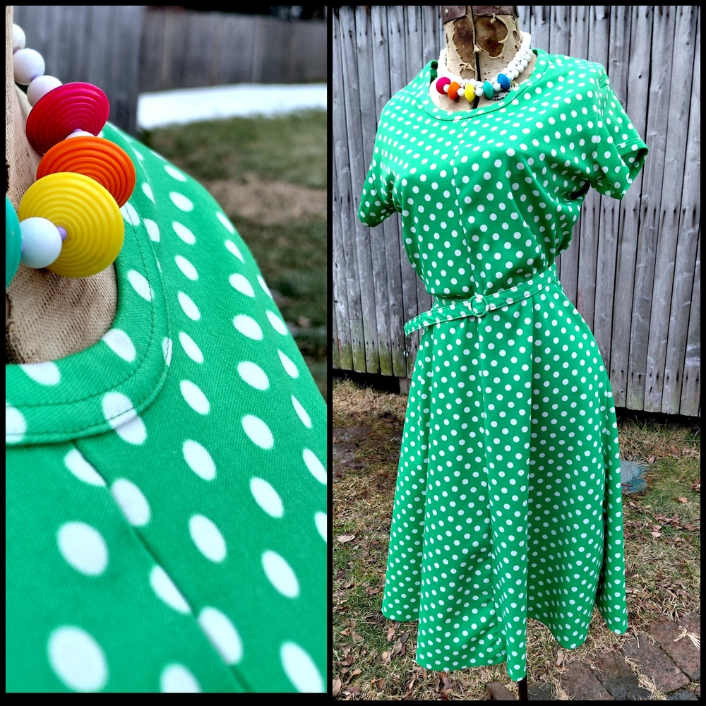 Vintage 60s green & white polka dot dotted twirl dress & belt Womens S